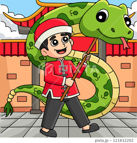 Year of the Snake Chinese Boy with Float Colored  121632202