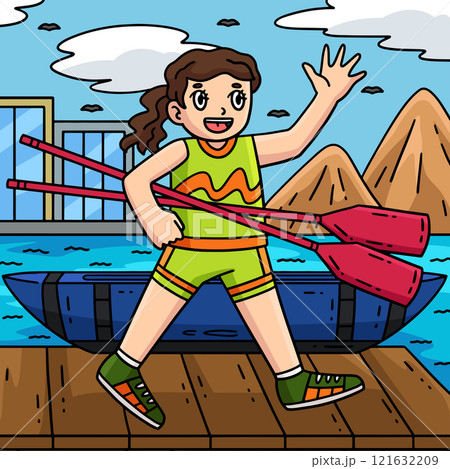 Rowing Oarswoman Carrying Oars Colored Cartoon 121632209