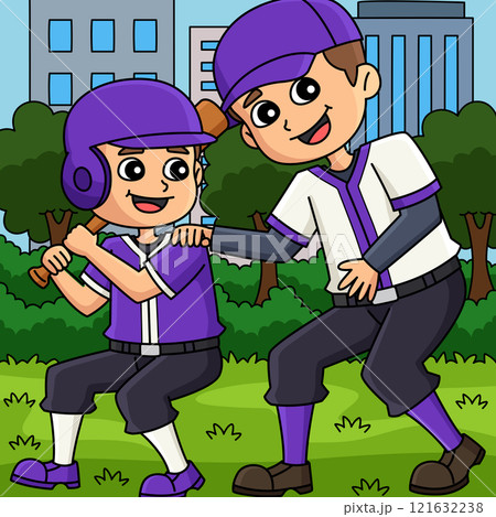 Baseball Father and Son Playing Colored Cartoon  121632238
