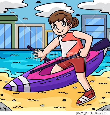 Rowing Oarswoman Getting on Boat Colored Cartoon Rowing Oarswoman Getting on Boat Colored Cartoon 121632248