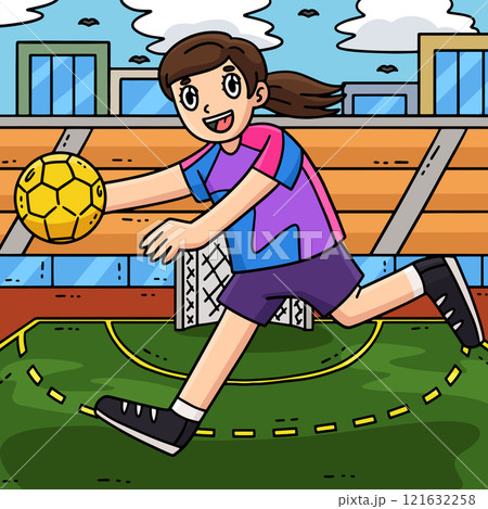 Female Handball Player Running with Ball Colored  121632258