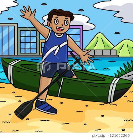 Rowing Oarsman Going in the Boat Colored Cartoon 121632260