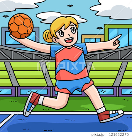 Female Handball Player Ready to Pass Ball Colored Female Handball Player Ready to Pass Ball Colored 121632270