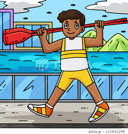 Rowing Oarsman Carrying Oars Colored Cartoon Rowing Oarsman Carrying Oars Colored Cartoon 121632299