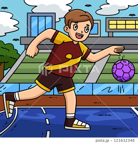 Handball Player Dribbling the Ball Colored Cartoon Handball Player Dribbling the Ball Colored Cartoon 121632348