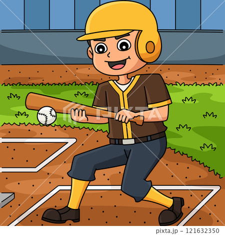 Baseball Player Bunt Colored Cartoon Illustration Baseball Player Bunt Colored Cartoon Illustration 121632350