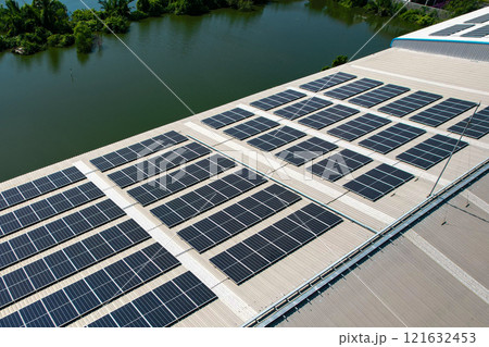 Solar cell photovoltaic panels technology for renewable energy solution on roof. Electrical energy obtained from nature sunlight clean renewable energy. 121632453