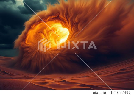光に照らされた砂嵐の渦巻く幻想的な風景 光に照らされた砂嵐の渦巻く幻想的な風景 121632497