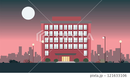 Hotel Apartment Building Landscape with Cityscape and Sun in Twilight 121633106