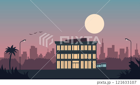 Hotel Apartment Building Landscape with Cityscape and Sun in Twilight 121633107