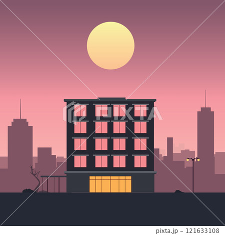 Hotel Apartment Building Landscape with Cityscape and Sun in Twilight 121633108