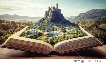 Enchanted Book with Castle Landscape Scene Enchanted Book with Castle Landscape Scene 121633326
