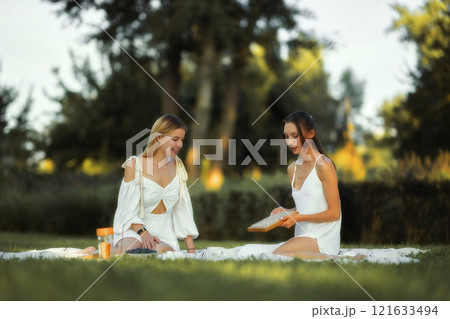 Friends enjoying a picnic in a sunny park during the afternoon Friends enjoying a picnic in a sunny park during the afternoon 121633494