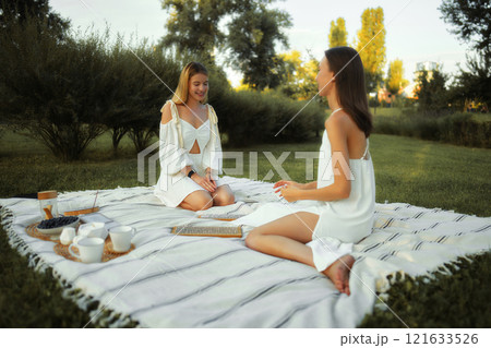 Two friends enjoying a picnic on a sunny afternoon in a park Two friends enjoying a picnic on a sunny afternoon in a park 121633526
