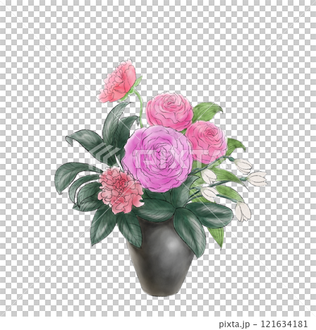 花瓶裡的粉紅色毛茛屬植物,花瓶裡的粉紅色毛茛和白色雪花蓮 花瓶裡的粉紅色毛茛屬植物,花瓶裡的粉紅色毛茛和白色雪花蓮 121634181