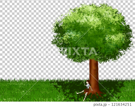 一個穿著水手服的女孩在樹蔭下休息 121634251