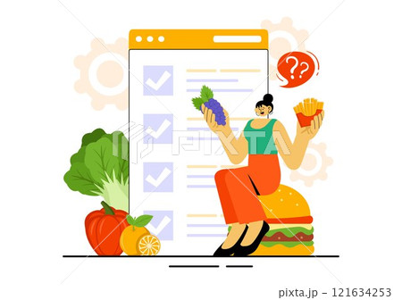 People Choosing Between Healthy and Unhealthy Food Vector Illustration Featuring a Comparison of Fast Food and Balanced Menus for a Healthy Lifestyle 121634253