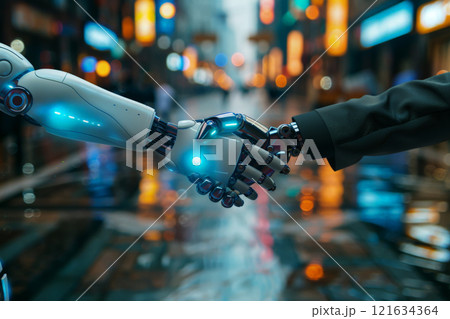 robot shaking hands, concept of technological innovation, cooperation between robots and future artificial intelligence 121634364