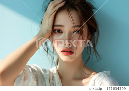 Portrait of a cheerful young woman with freckles in sunlight - Ai generated 121634399