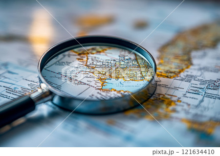 a magnifying glass focusing on map. ai generative 121634410