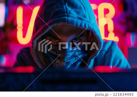 Scammer behind a laptop, notebook. AI generated 121634493