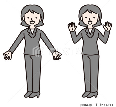 笑顔で手を拡げるパンツスーツの女性（全身）：喜び　歓迎　イラスト素材： 121634844