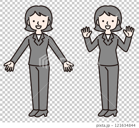 笑顔で手を拡げるパンツスーツの女性（全身）：喜び　歓迎　イラスト素材： 121634844