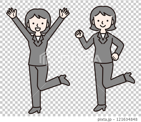 A smiling woman in a pantsuit with one leg raised (whole body): Enthusiastic, happy, illustration material: A smiling woman in a pantsuit with one leg raised (whole body): Enthusiastic, happy, illustration material: 121634848