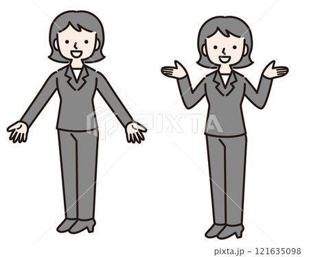 笑顔で手を広げ提案するパンツスーツの女性（全身）イラスト素材 121635098