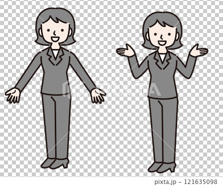 笑顔で手を広げ提案するパンツスーツの女性（全身）イラスト素材 121635098