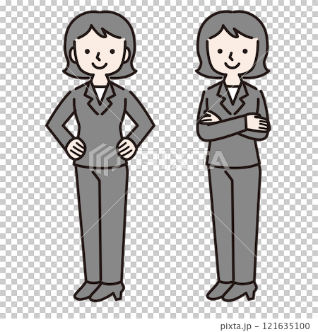 Arms folded, hands on hips: Confident woman in pantsuit (full body) illustration Arms folded, hands on hips: Confident woman in pantsuit (full body) illustration 121635100
