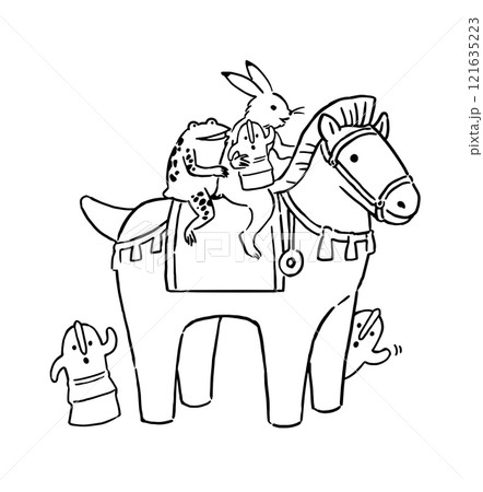 鳥獣戯画　うさぎとカエルが埴輪と馬形埴輪に乗って遊ぶイラストレーション 121635223