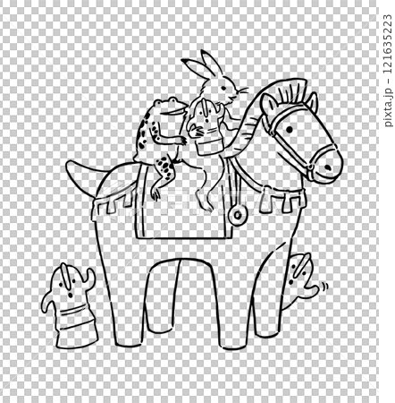鳥獣戯画　うさぎとカエルが埴輪と馬形埴輪に乗って遊ぶイラストレーション 121635223