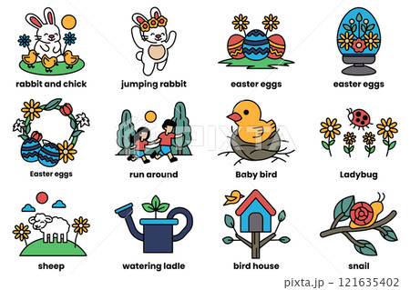 A set of Easter eggs and other Easter-themed images A set of Easter eggs and other Easter-themed images 121635402