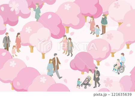 フレーム　アイソメトリック　人物　家族　子供　春　お花見　さくら　桜　背景　イラスト素材 121635639