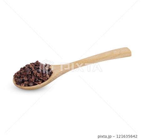 Cocoa nibs that are strong and have not undergone any processing other than roasting and shelling with a wooden spoon isolated on white background 121635642