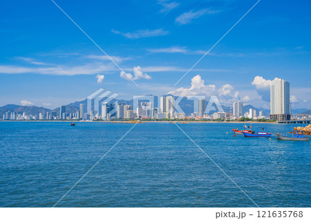 View from the sea of the Vietnamese city of Nha Trang on a sunny cloudy day 121635768