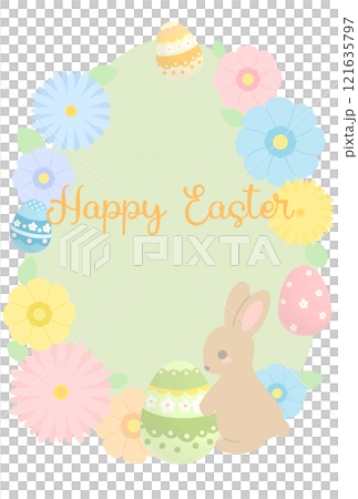 Easter illustration with Easter eggs, rabbits and flowers Easter illustration with Easter eggs, rabbits and flowers 121635797