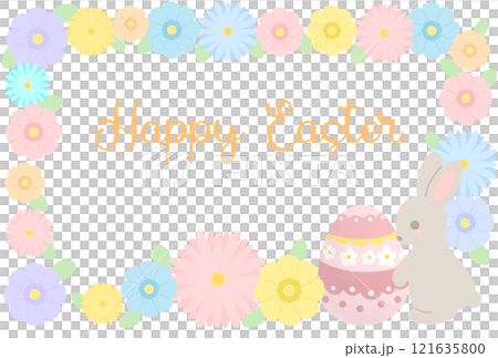 復活節插圖與復活節彩蛋、兔子和鮮花 121635800