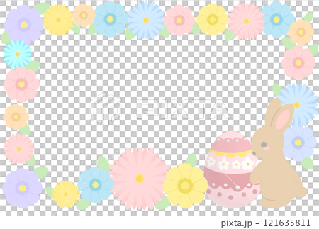 Easter illustration with Easter eggs, rabbits and flowers 121635811