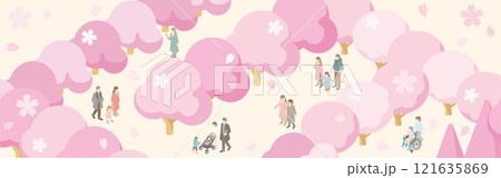 バナー　フレーム　アイソメトリック　人物　家族　子供　春　お花見　さくら　桜　背景　イラスト素材 121635869