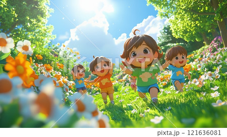 庭で花に囲まれて遊ぶ子どもたち 121636081