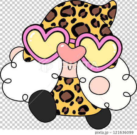 Groovy Leopard Gnome Cartoon with Heart Glasses in Bold Hand Drawn Style 121636099