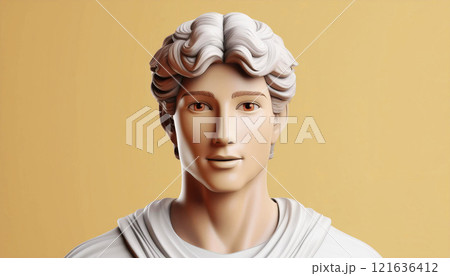 3D illustration of a white marble-inspired bust of Apollo, the Greek god of light, music, and art. The sculpture features smooth textures and fine details in the hair and facial structure 121636412