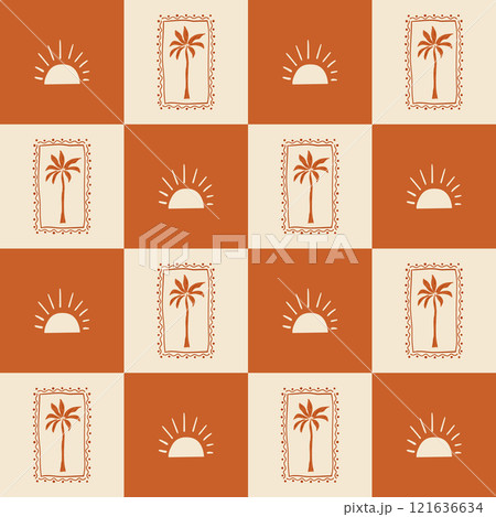 Brown checkered summer tropical seamless pattern with palm tree and sun. Vector geometric beach print. 121636634