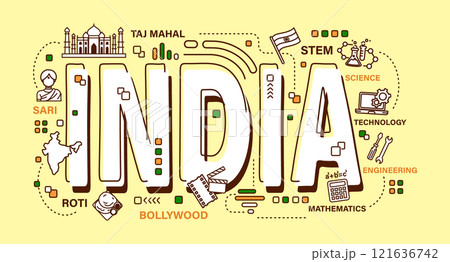 India . Word and outline icon on solid color background . Vector . India . Word and outline icon on solid color background . Vector . 121636742
