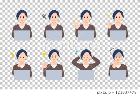 A set of middle-aged women with various expressions and poses while looking at a computer [People vector illustration material] 121637478
