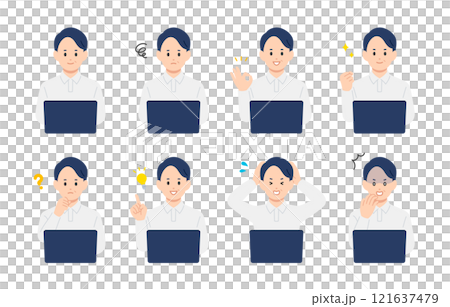 A set of middle-aged men with various expressions and poses while looking at a computer [People vector illustration material] 121637479