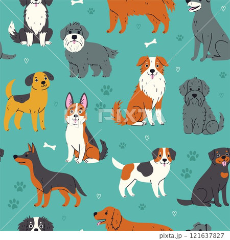Seamless pattern with cute dogs, footprints and bones on a green background. Vector graphics. 121637827