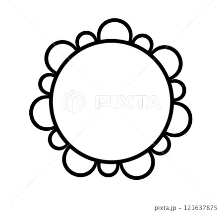 Scalloped edge circle frame. Simple round scalloped border. Fabric lace pattern frame. Repeat cute vintage frill ornament. Texture ribbon. Vector illustration isolated on white background. 121637875